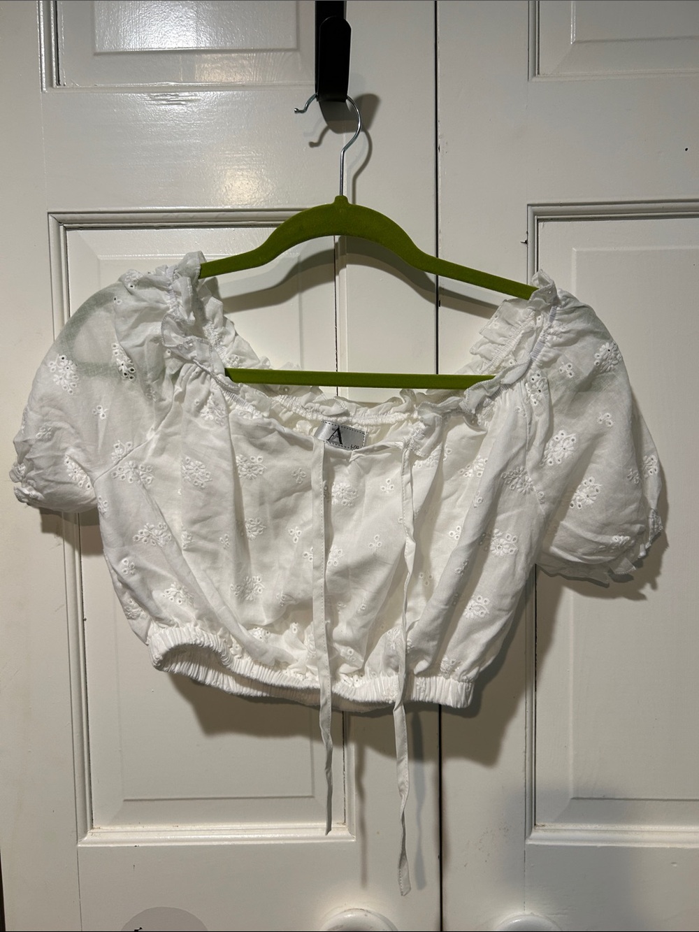 Women's White Eyelet Peasant Crop Top with Tie feminine cottagecore